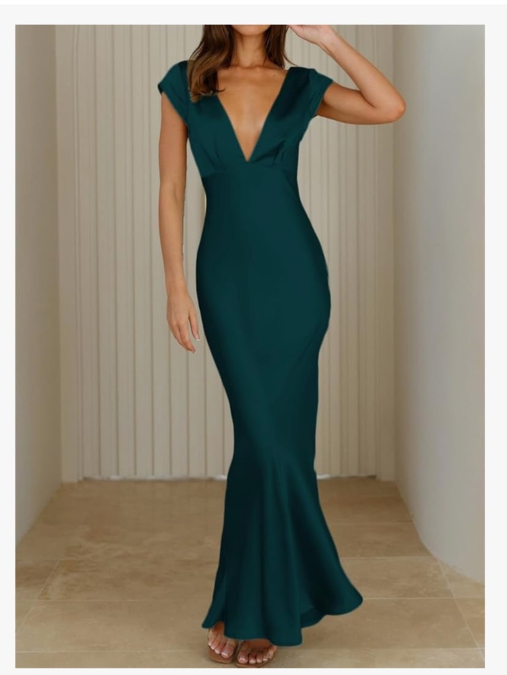 Amazon Deep Teal V-Neck Cap Sleeve Maxi Dress